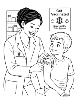 A friendly pharmacist coloring page showing a healthcare worker putting a bandage on a young boy's arm.