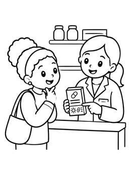 A friendly pharmacist coloring page showing a worker explaining medicine instructions to a customer.