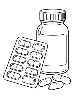 A detailed pharmacist coloring page featuring a medicine bottle and a blister pack with capsules.