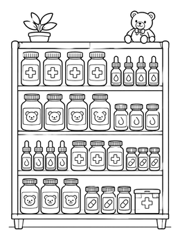 Free printable Organized Pharmacy Medicine Shelves coloring page