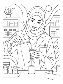 A detailed pharmacist coloring page featuring a woman carefully pouring medicine with a funnel.