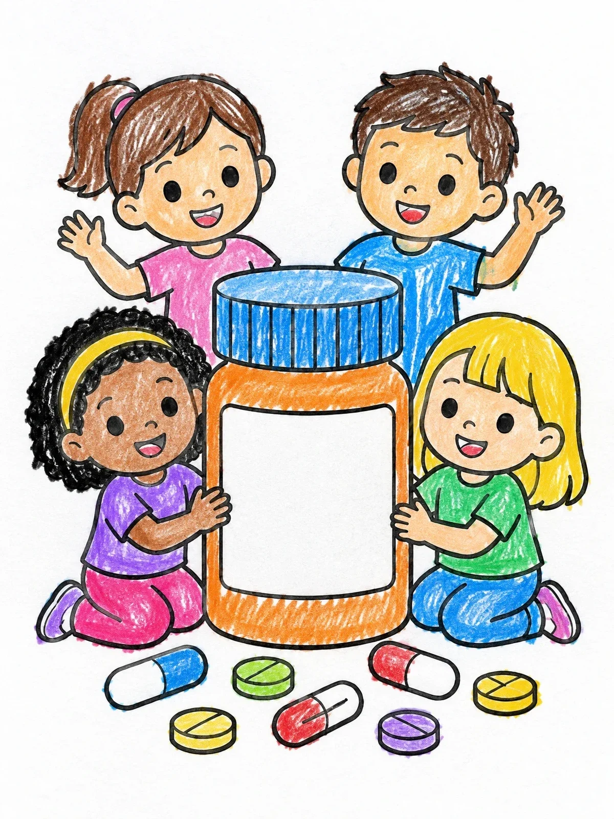 Colored example of the Children With Medicine Bottle And Pills coloring page