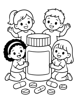 Free printable Children With Medicine Bottle And Pills coloring page