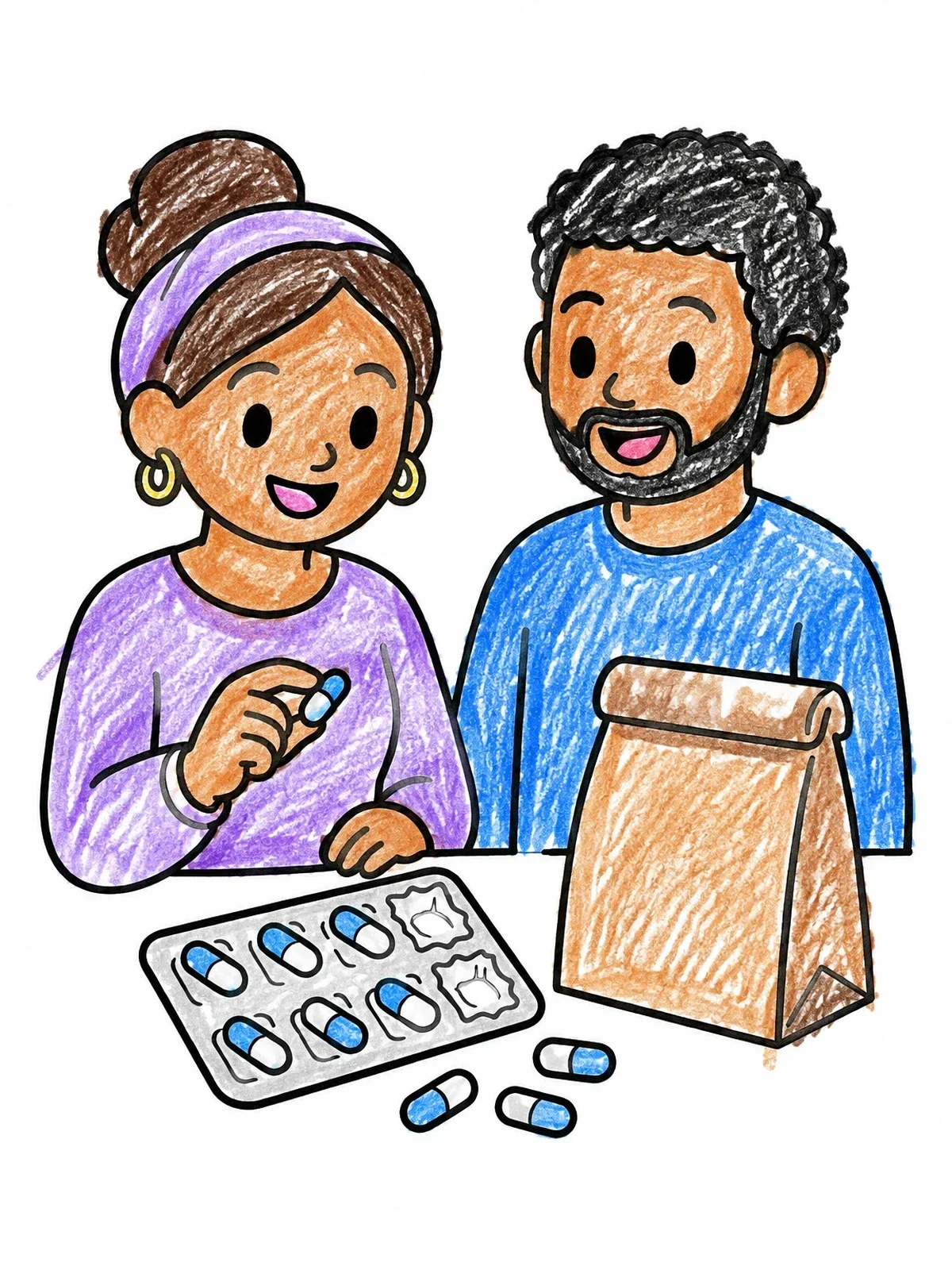 Colored example of the Couple Unpacking Medicine At Home coloring page