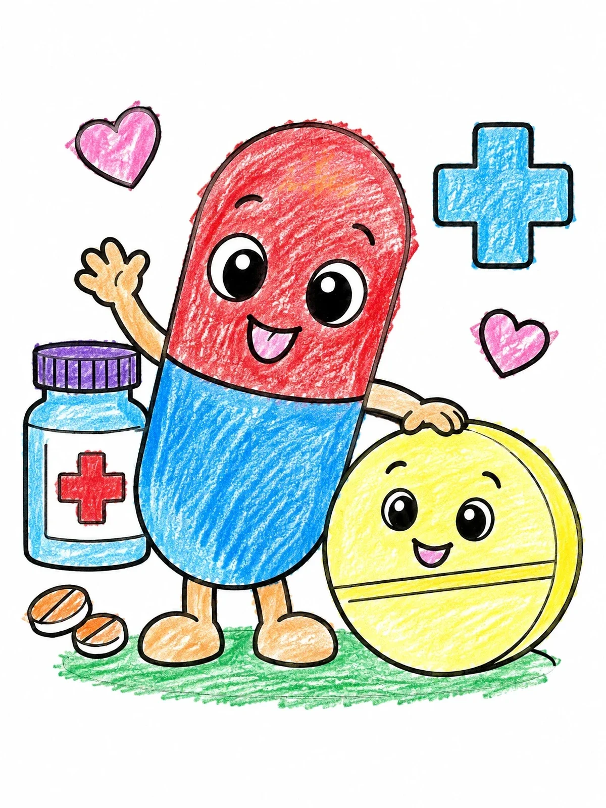 Colored example of the Cute Medicine Capsule And Round Pill coloring page