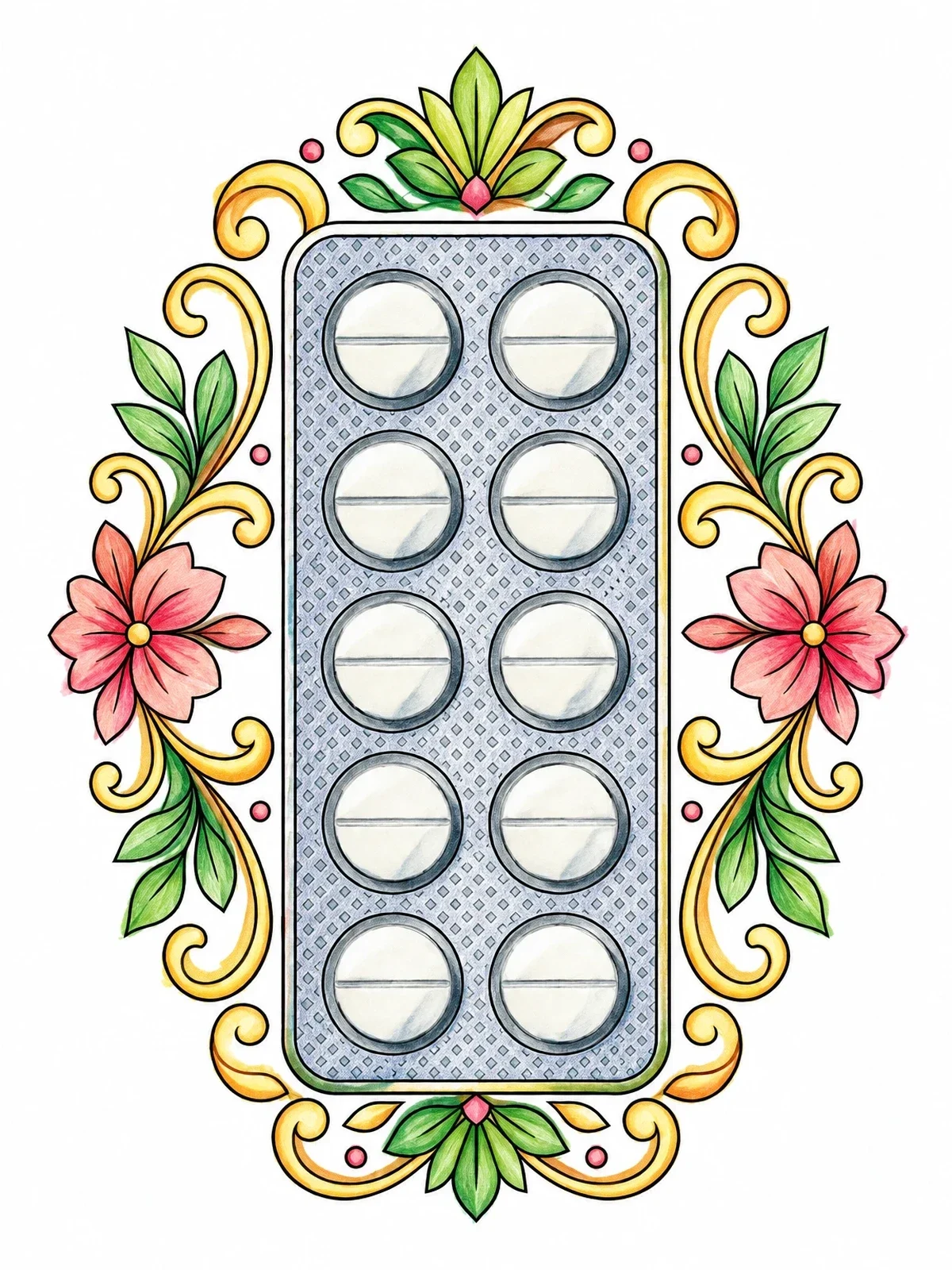 Colored example of the Decorative Pill Blister Pack coloring page