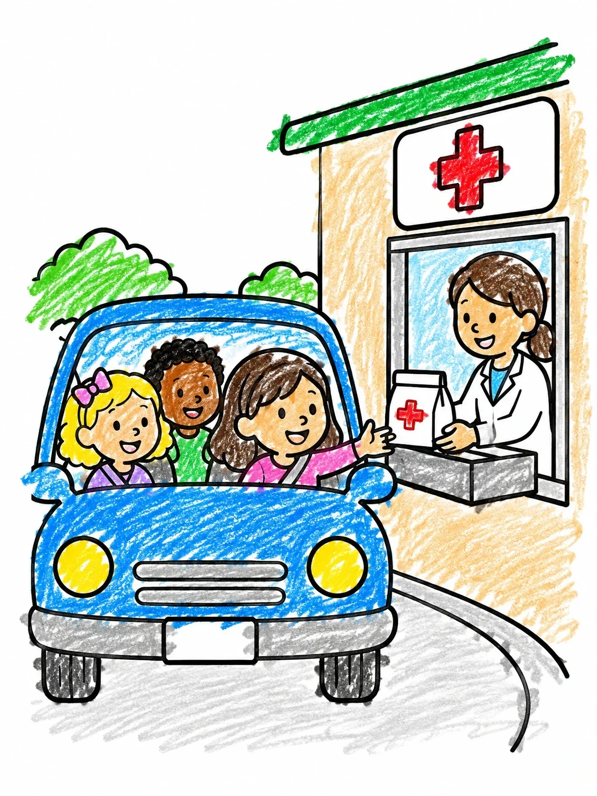 Colored example of the Drive Thru Pharmacy Visit coloring page