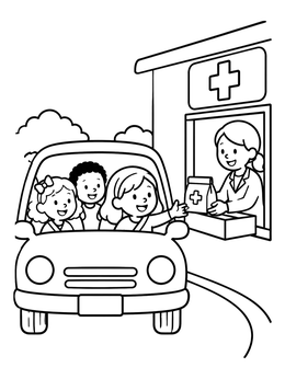 Free printable Drive Thru Pharmacy Visit coloring page