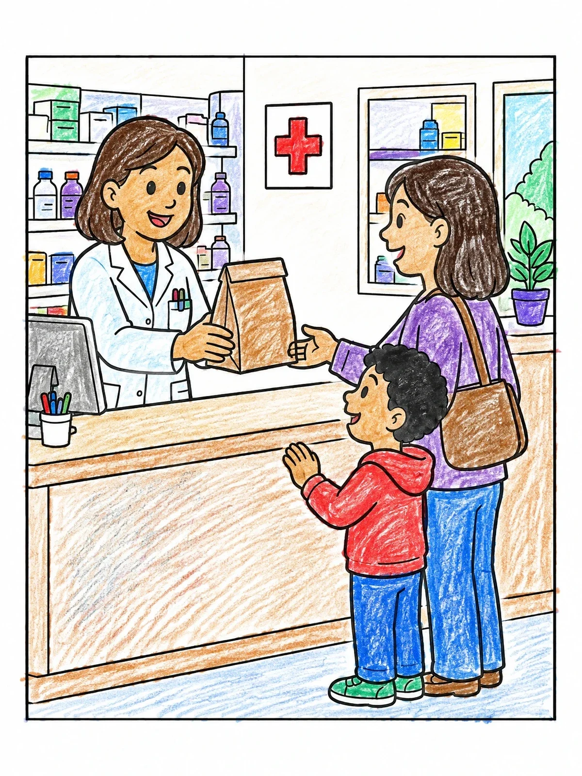 Colored example of the Friendly Pharmacist Helping Parent And Child coloring page