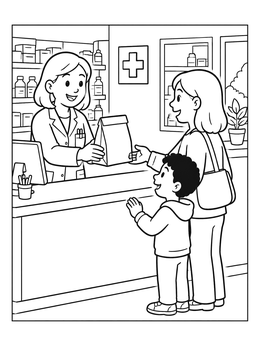 Free printable Friendly Pharmacist Helping Parent And Child coloring page