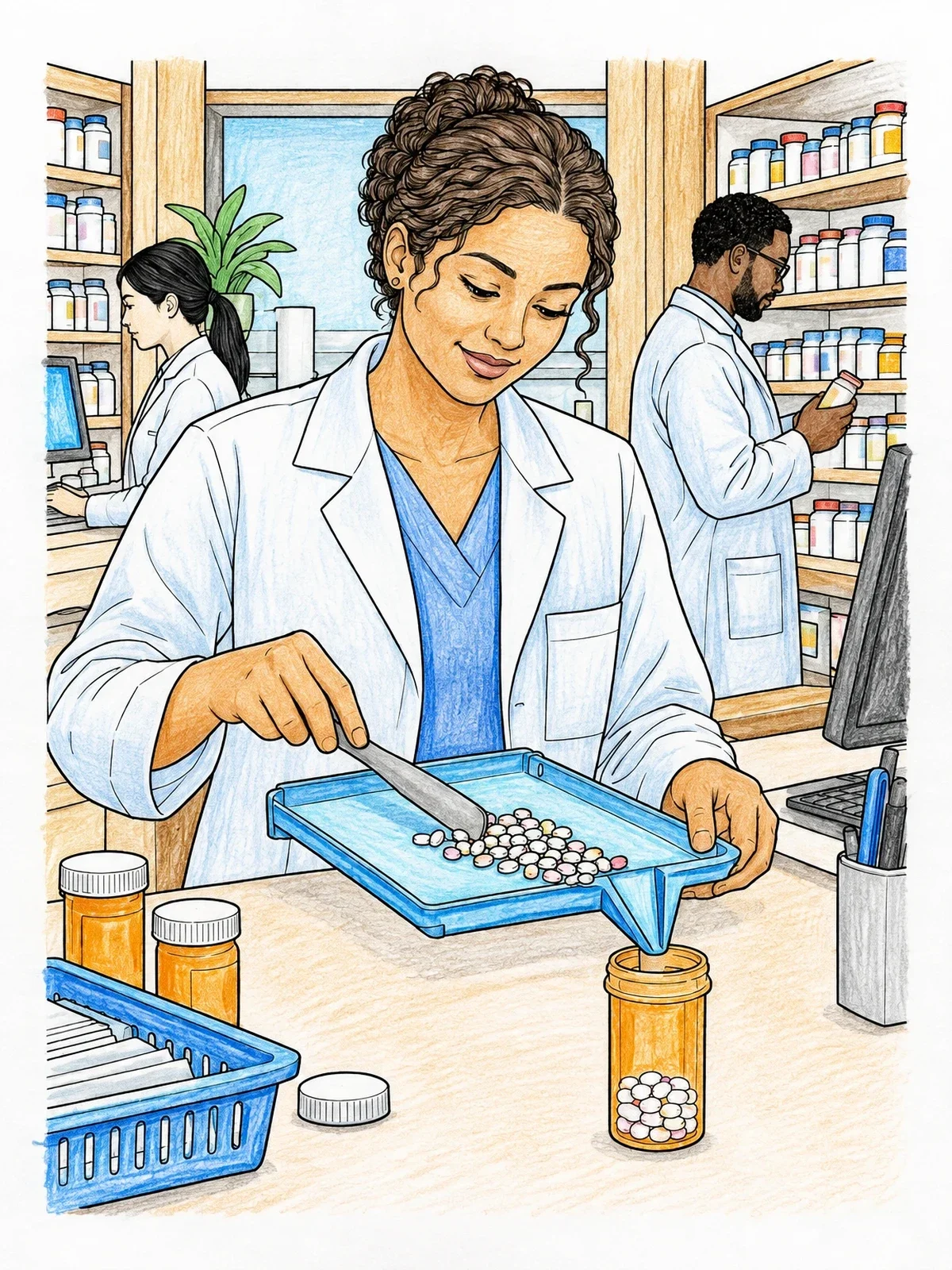 Colored example of the Pharmacist Counting Pills With Spatula coloring page
