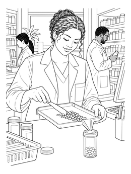 Free printable Pharmacist Counting Pills With Spatula coloring page