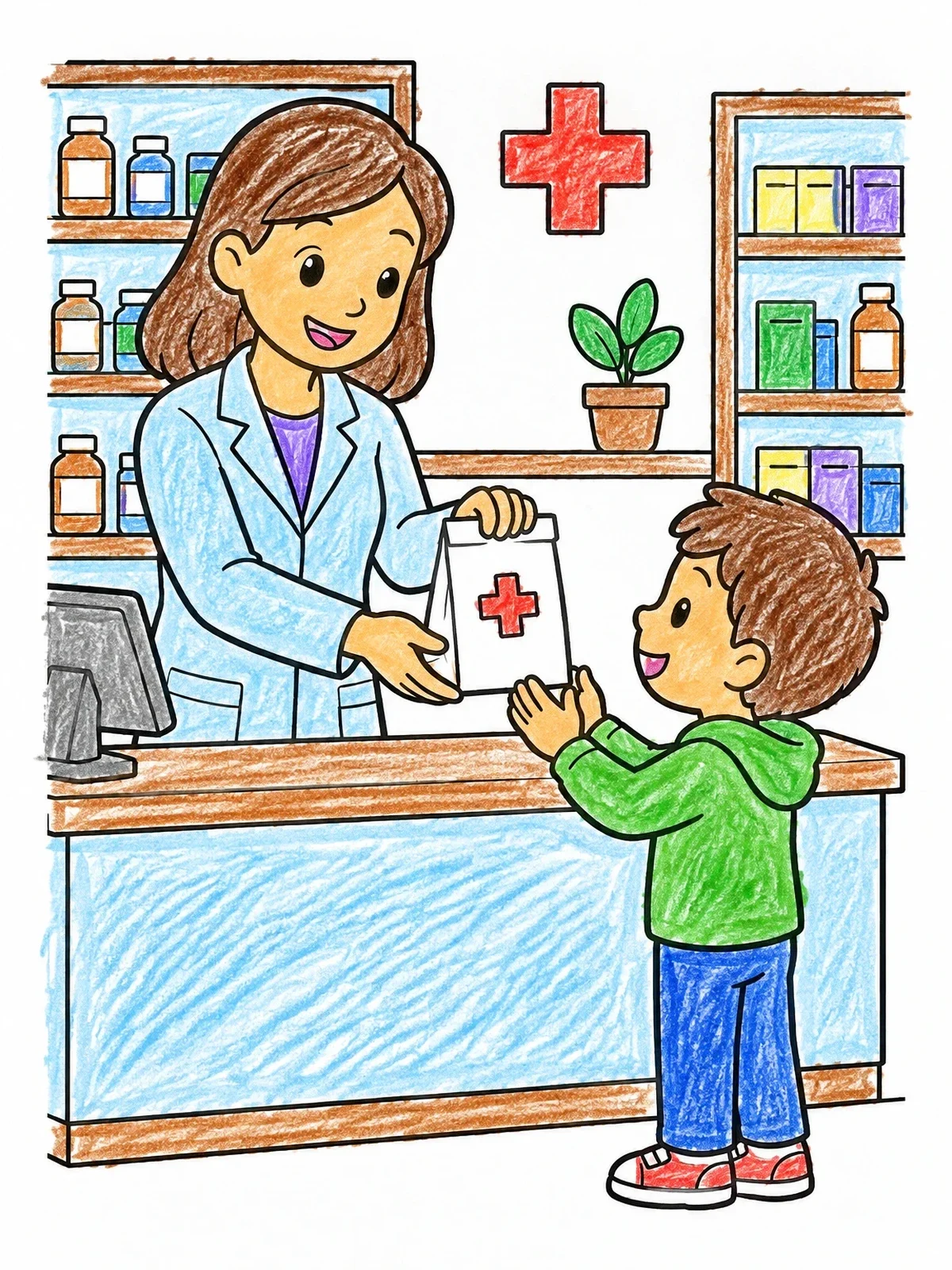 Colored example of the Pharmacist Helping A Young Customer coloring page
