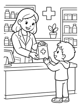 Free printable Pharmacist Helping A Young Customer coloring page
