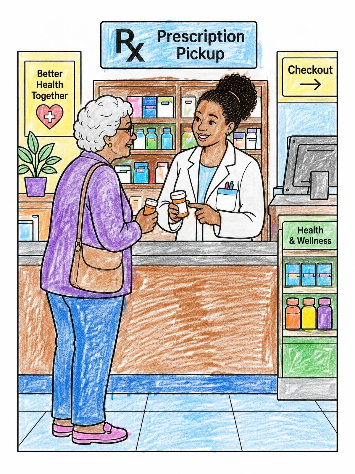 Colored example of the Prescription Pickup At The Pharmacy Counter coloring page