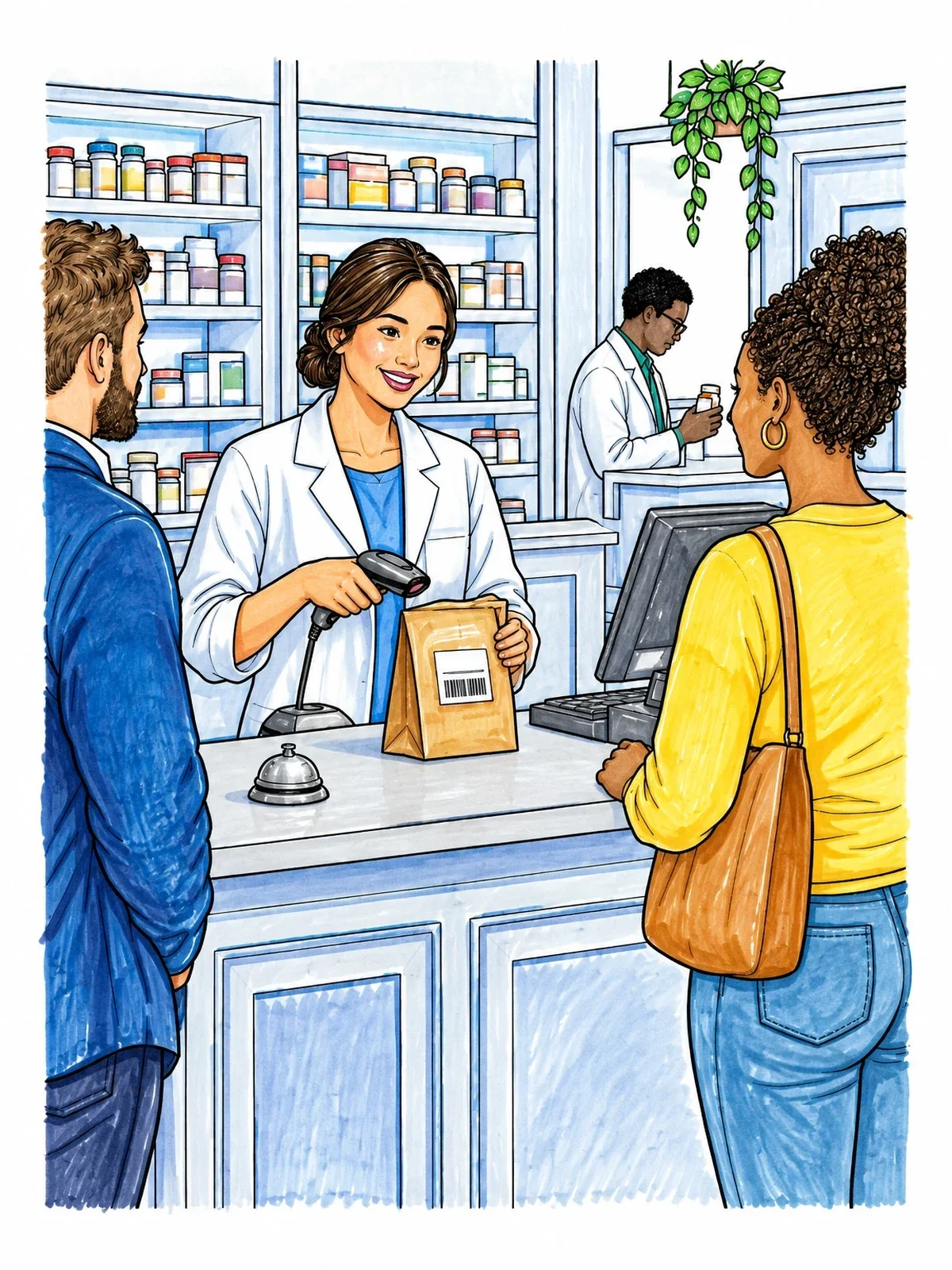Colored example of the Pharmacist Serving Customers At Counter coloring page