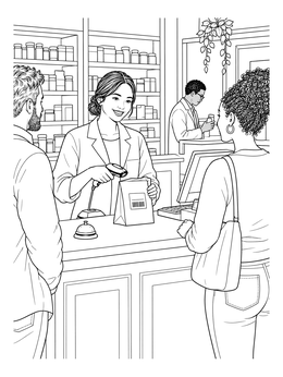 Free printable Pharmacist Serving Customers At Counter coloring page