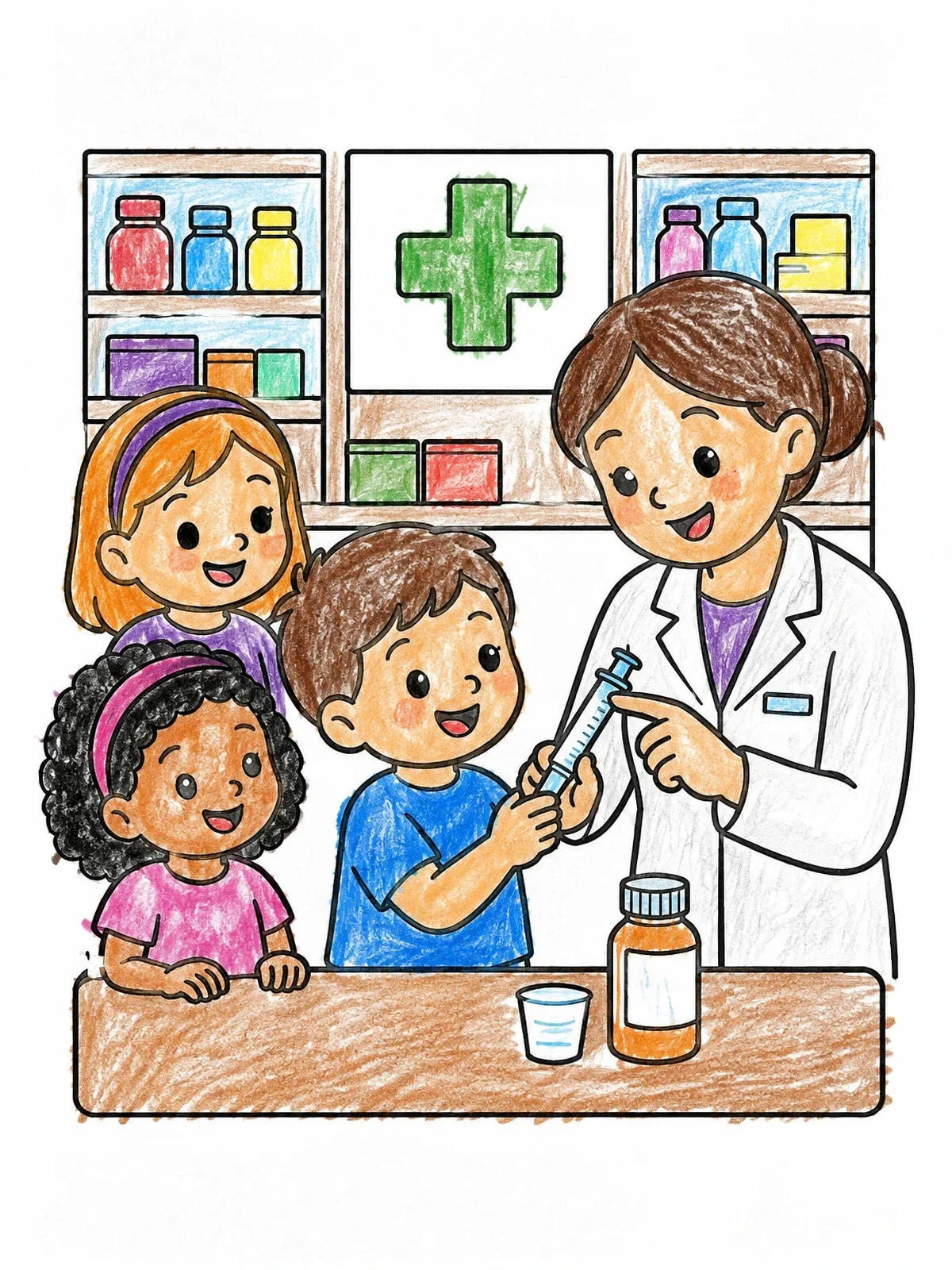Colored example of the Friendly Pharmacist Showing Medicine Syringe coloring page