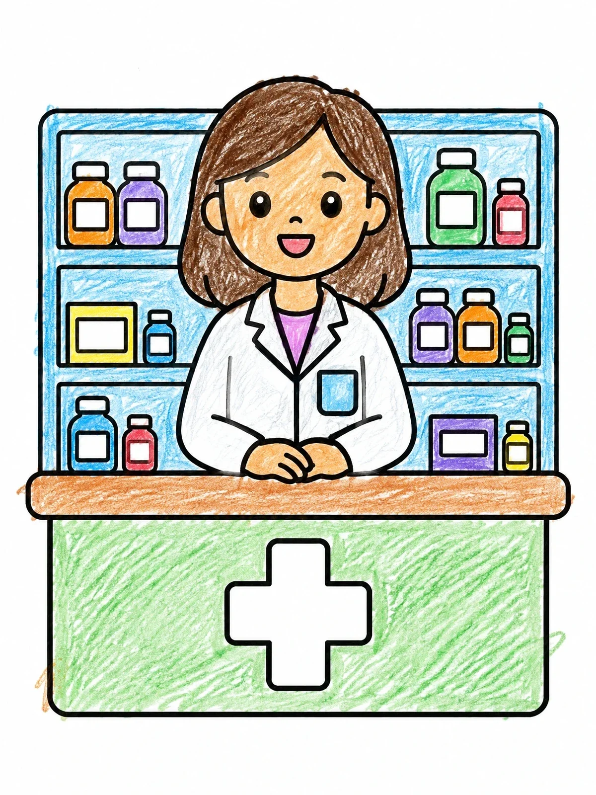 Colored example of the Smiling Pharmacist Behind The Counter coloring page