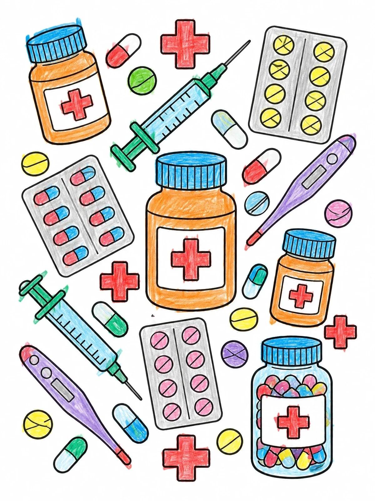 Colored example of the Pharmacy Supplies And Medicine Doodles coloring page