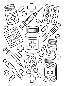 Free printable Pharmacy Supplies And Medicine Doodles coloring page