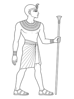 Detailed pharoah coloring page featuring a standing Egyptian ruler holding a lotus staff.