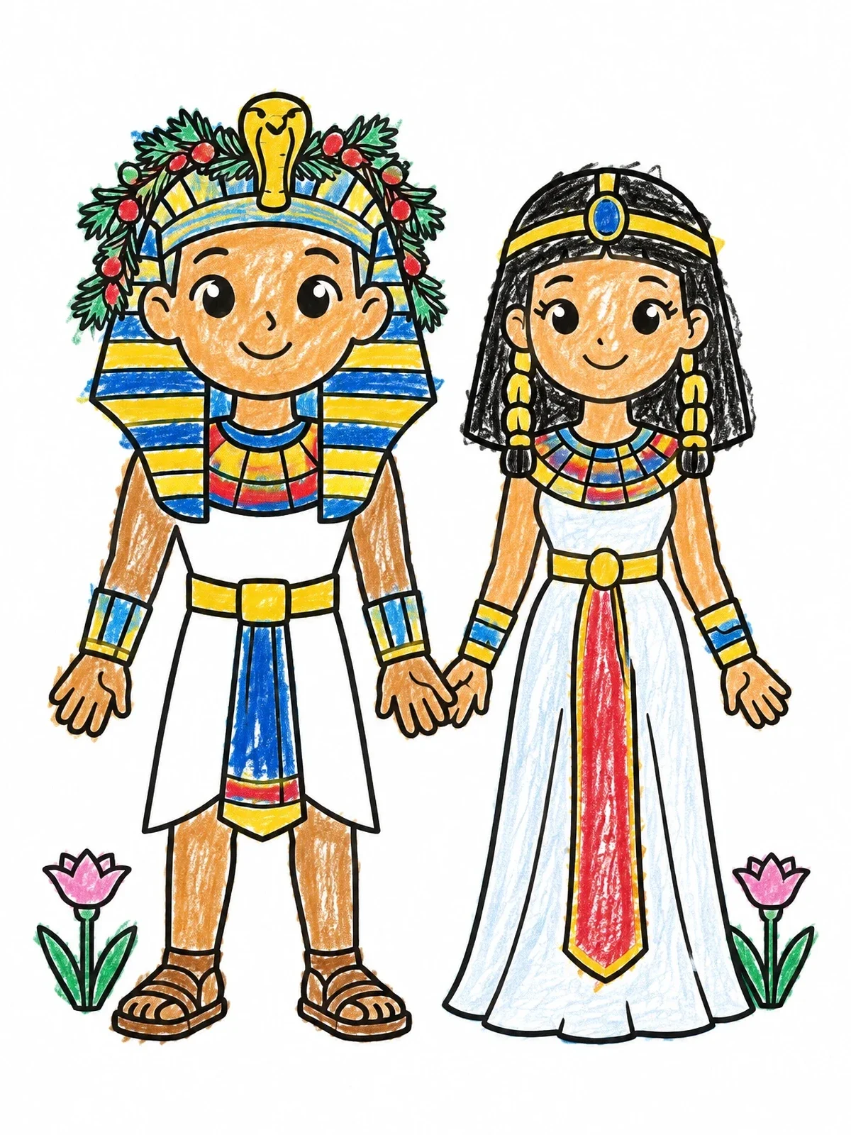 Colored example of the Cute Egyptian Pharaoh And Queen coloring page