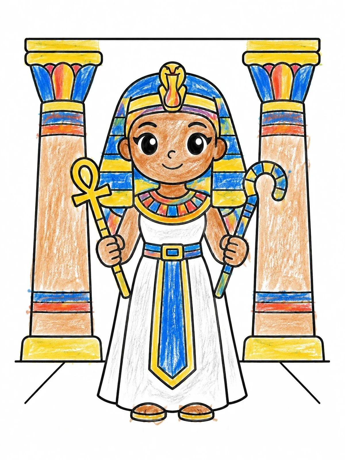 Colored example of the Cute Female Pharaoh With Scepters coloring page