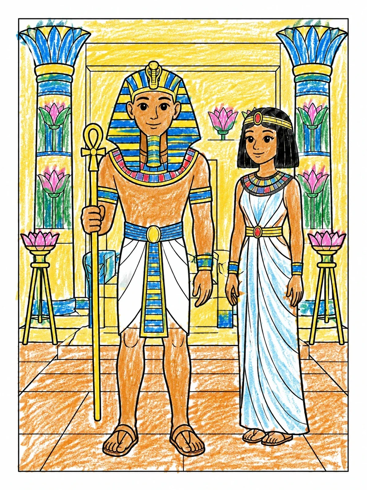 Colored example of the Egyptian Pharaoh And Queen In Palace coloring page