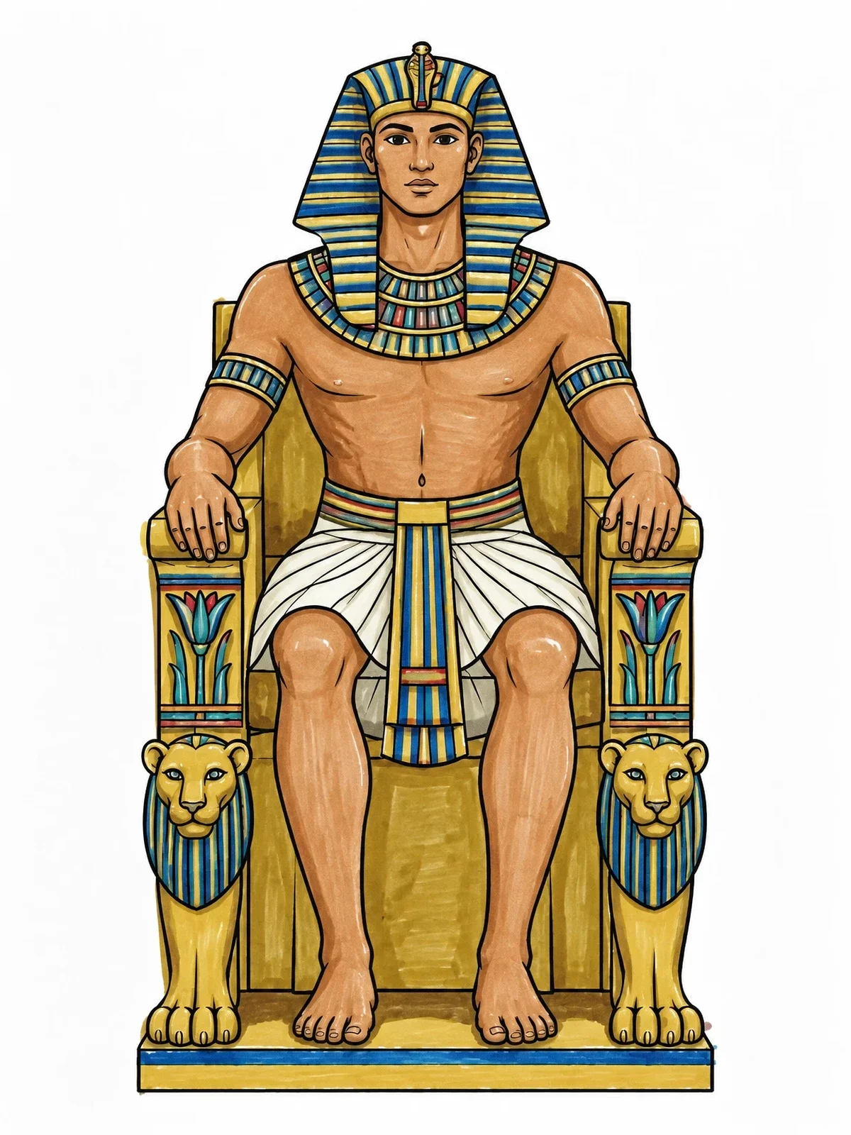 Colored example of the Egyptian Pharaoh On Lion Throne coloring page