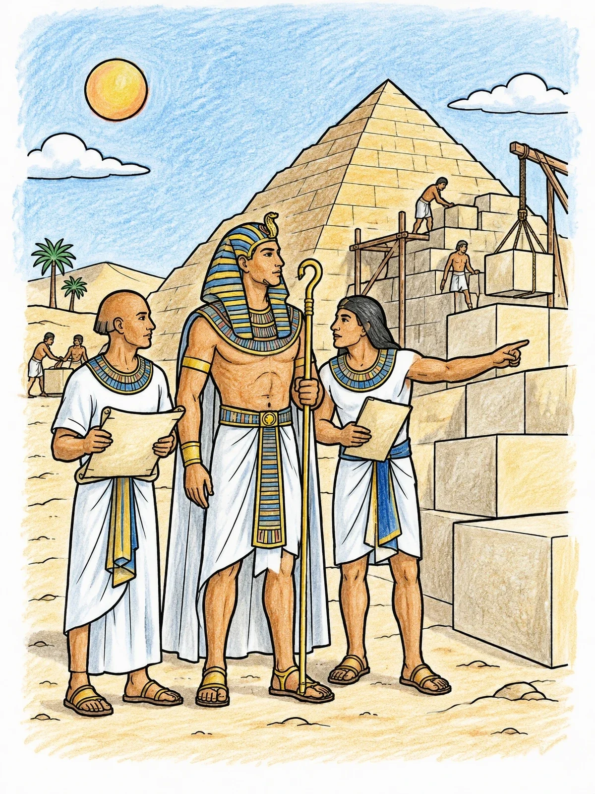 Colored example of the Egyptian Pharaoh Inspecting Pyramid Construction coloring page