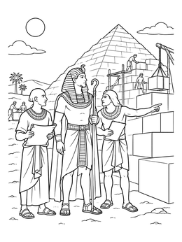 An Egyptian pharoah coloring page showing the ruler and architects watching pyramid construction.