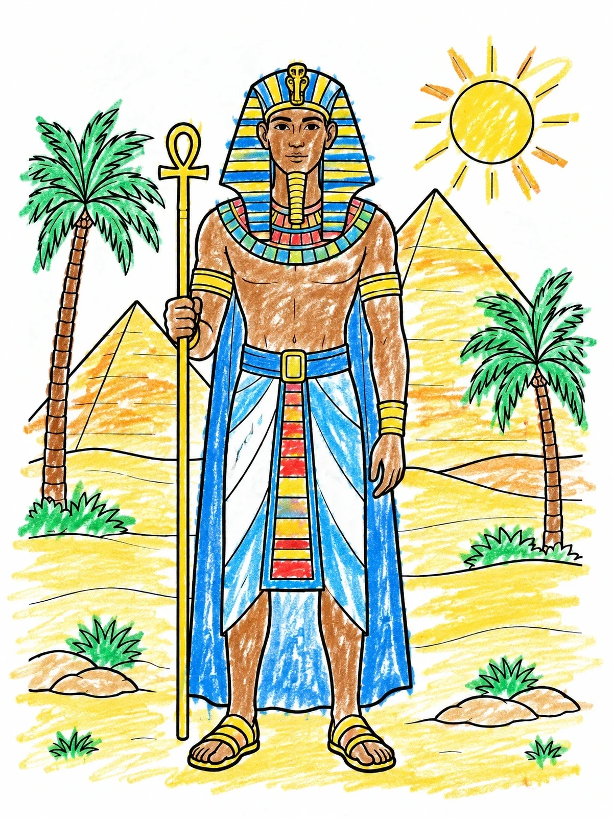 Colored example of the Egyptian Pharaoh By The Pyramids coloring page