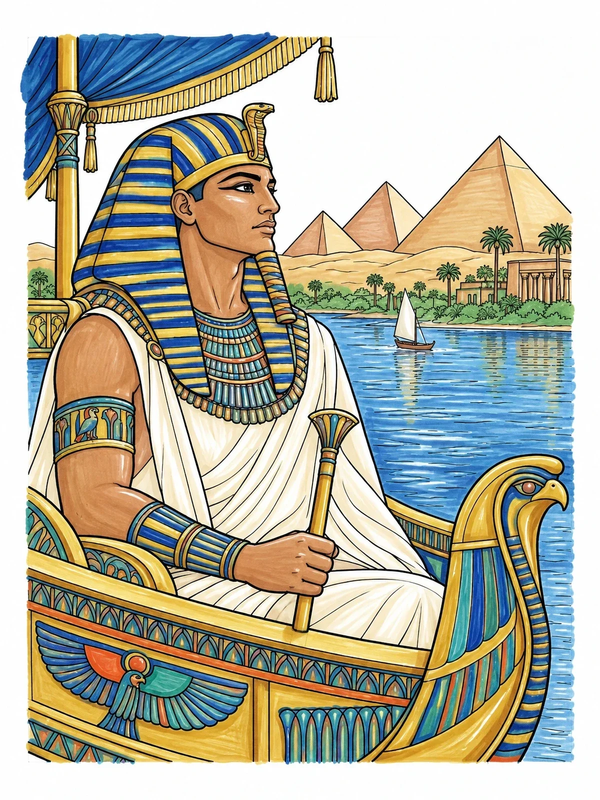 Colored example of the Pharaoh Sailing On The Nile coloring page