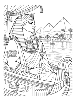 An Egyptian pharaoh coloring page showing a ruler on an ornate royal boat with pyramids in the distance.