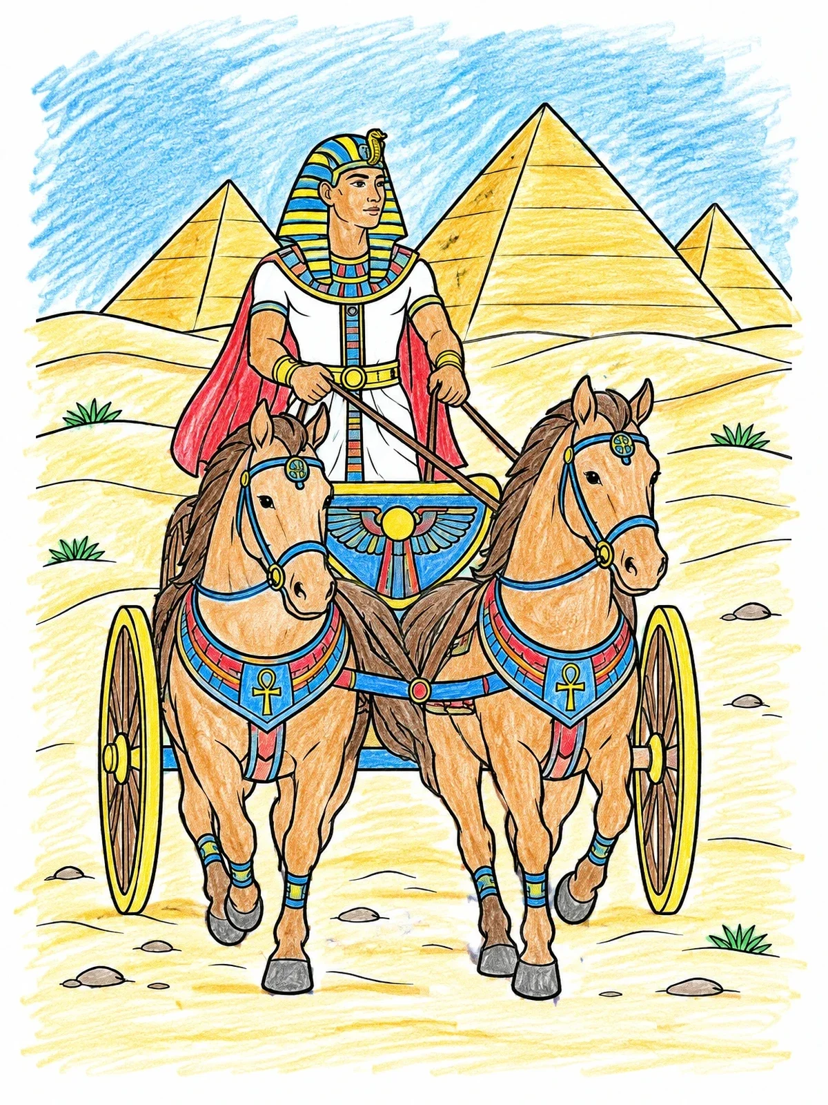 Colored example of the Egyptian Pharaoh In Royal Chariot coloring page
