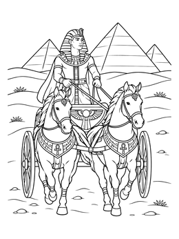 An Egyptian pharaoh coloring page depicting a king riding a horse-drawn chariot before pyramids.
