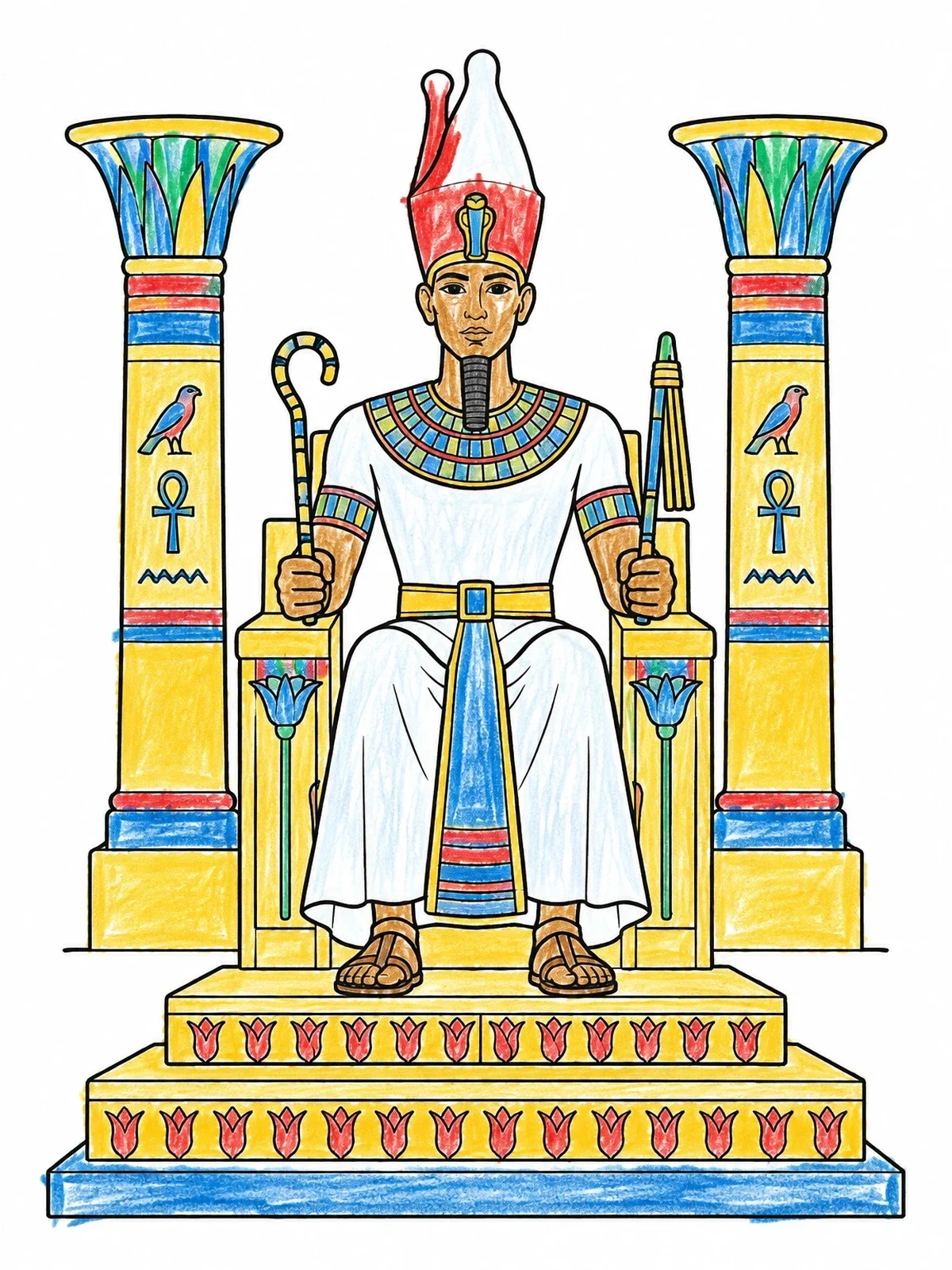 Colored example of the Egyptian Pharaoh On Palace Throne coloring page