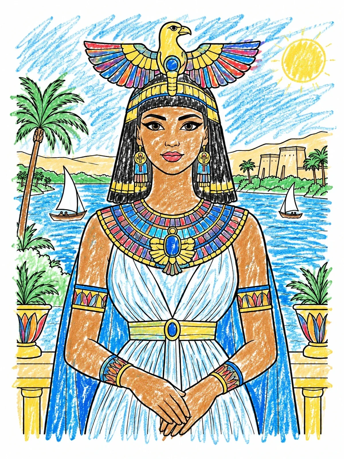 Colored example of the Egyptian Queen Overlooking The Nile coloring page