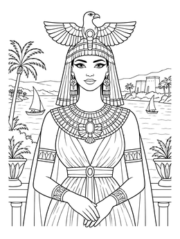 An Egyptian queen stands before the Nile river in this pharoah coloring page.