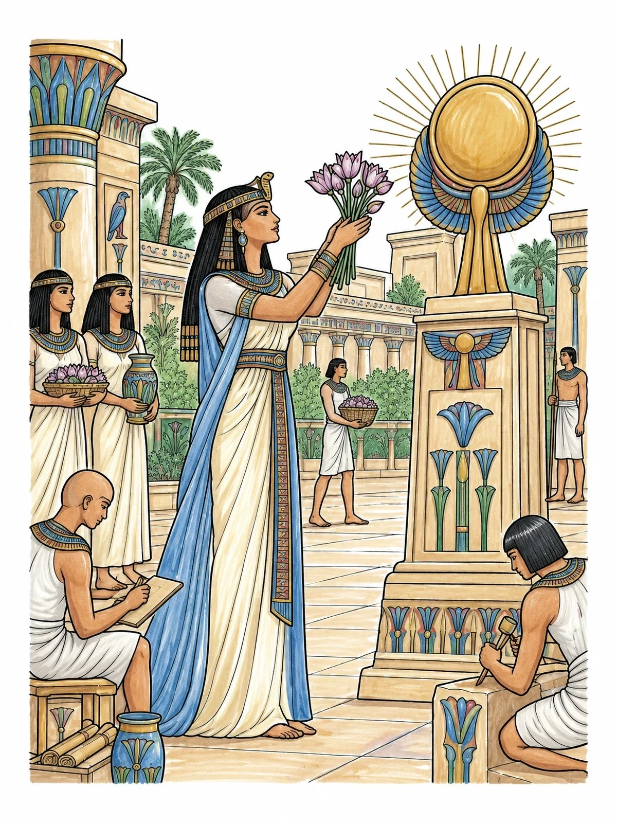 Colored example of the Egyptian Queen Offering Lotus Flowers coloring page