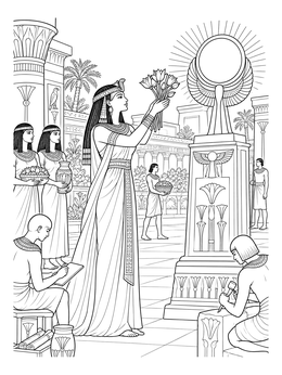 An Egyptian queen offering flowers by a sun disk monument on this detailed pharoah coloring page.