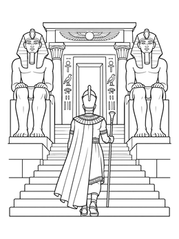 An ancient ruler walks up temple stairs in this detailed pharoah coloring page.
