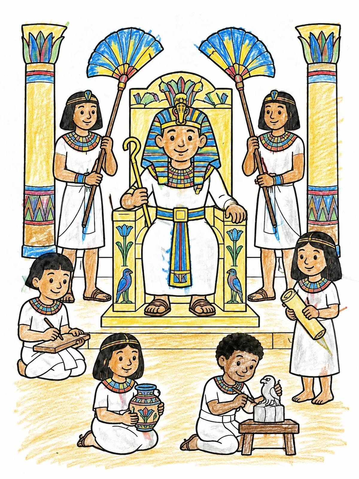 Colored example of the Pharaoh Holding Court With Attendants coloring page