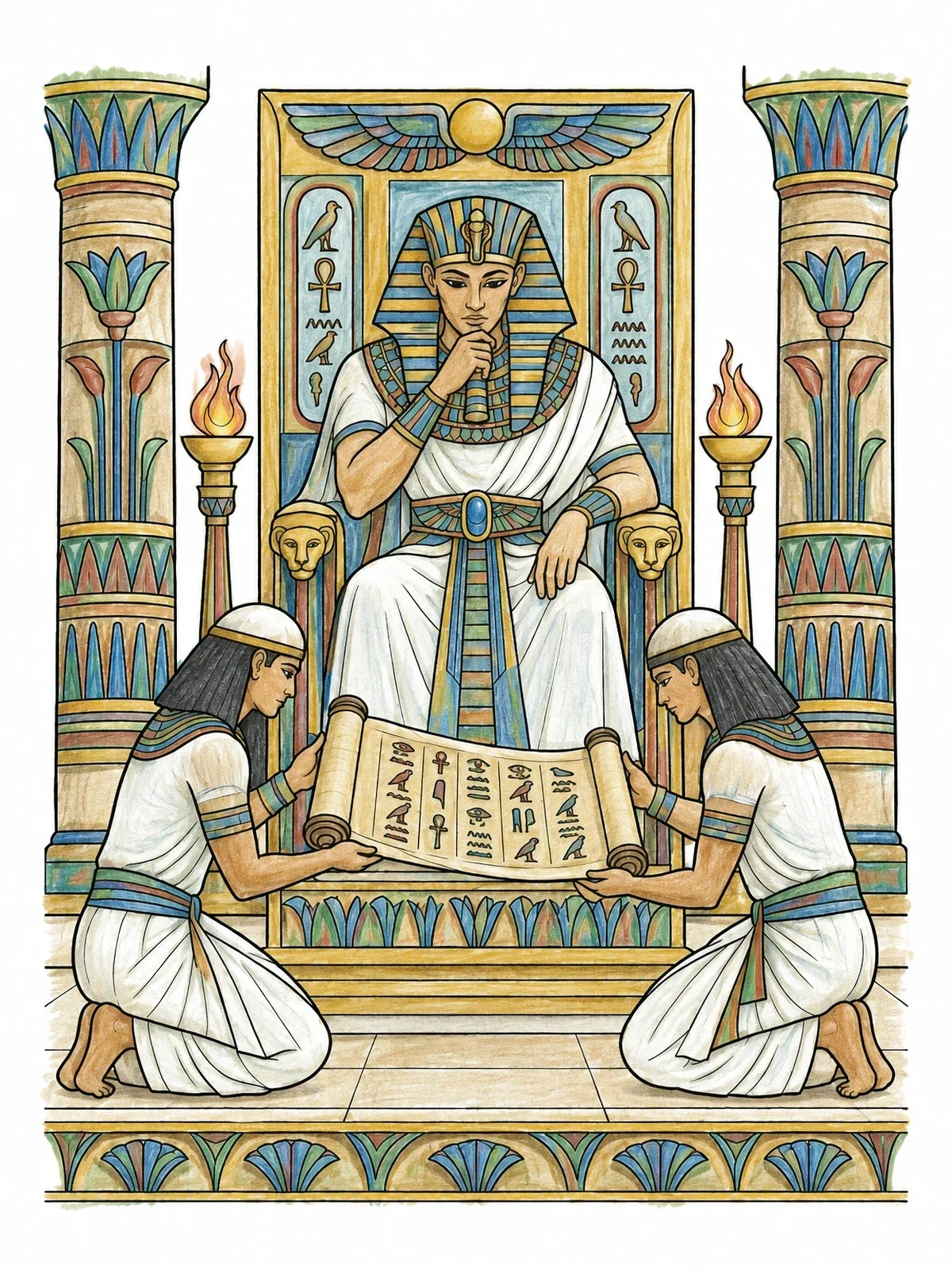 Colored example of the Pharaoh Inspecting Papyrus Scroll On Throne coloring page