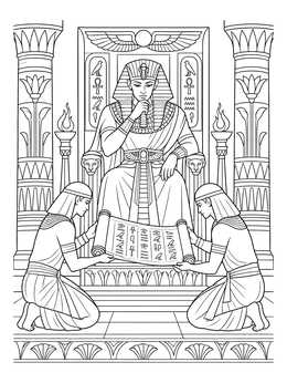 An Egyptian ruler reviews a scroll in this detailed pharoah coloring page.