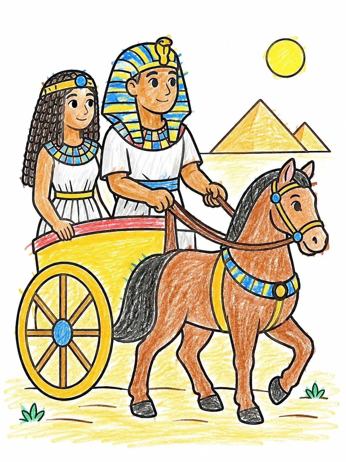 Colored example of the Pharaoh And Queen In Royal Chariot coloring page