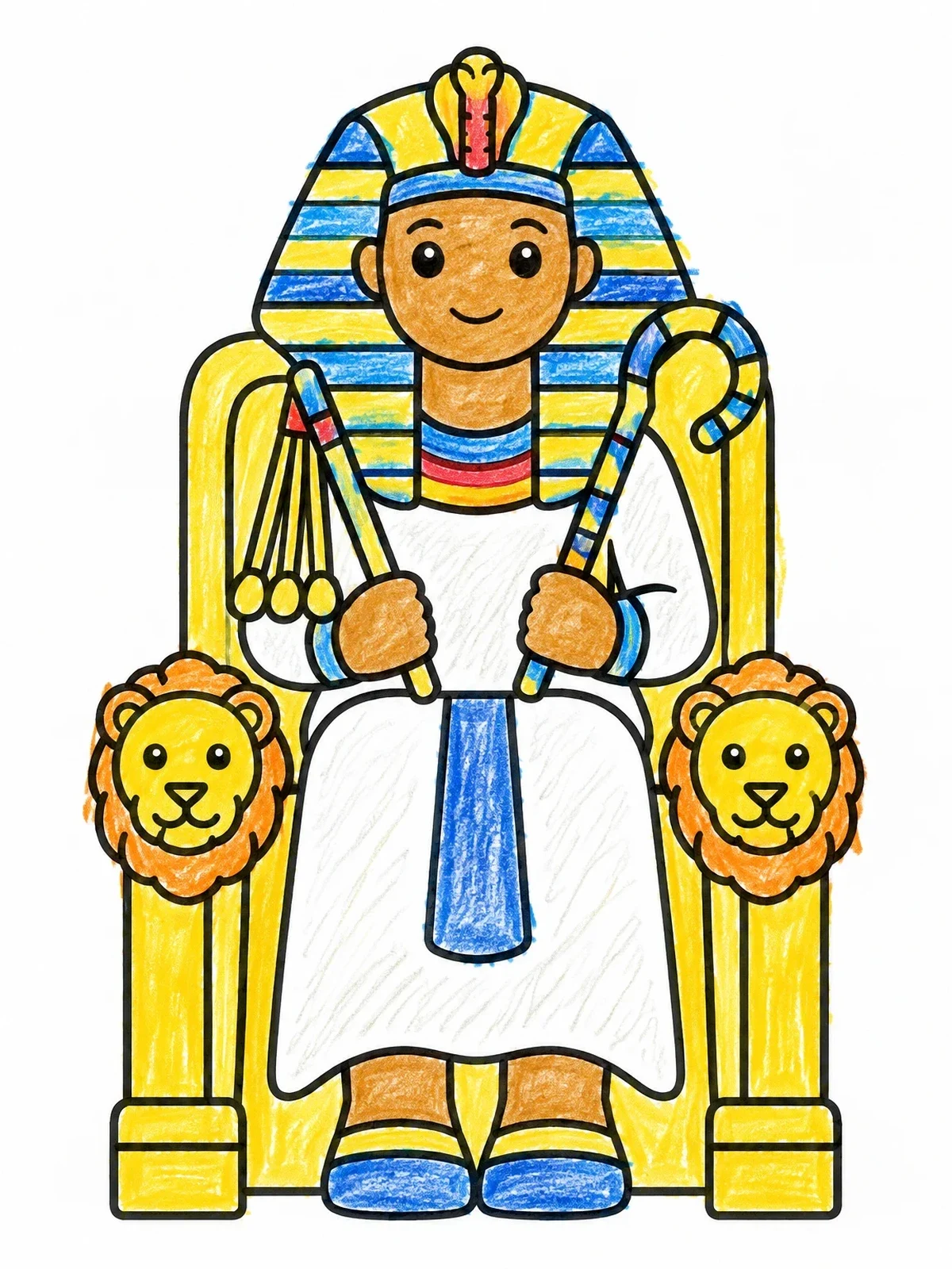 Colored example of the Egyptian Pharaoh On Lion Throne coloring page