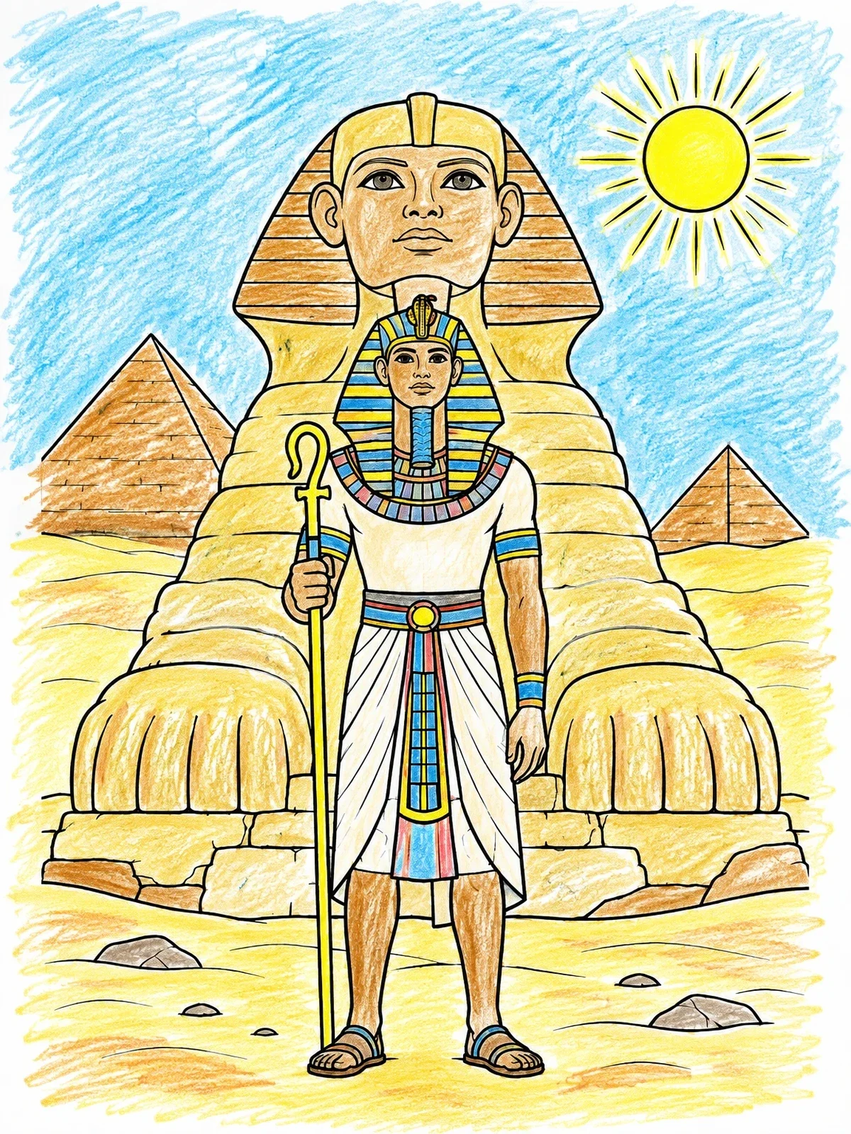 Colored example of the Pharaoh Standing Before The Great Sphinx coloring page