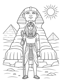 An Egyptian ruler stands in the desert on this detailed pharoah coloring page.